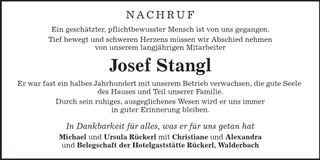 Traueranzeige Josef Stangl