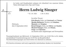 Traueranzeige Ludwig Sinzger