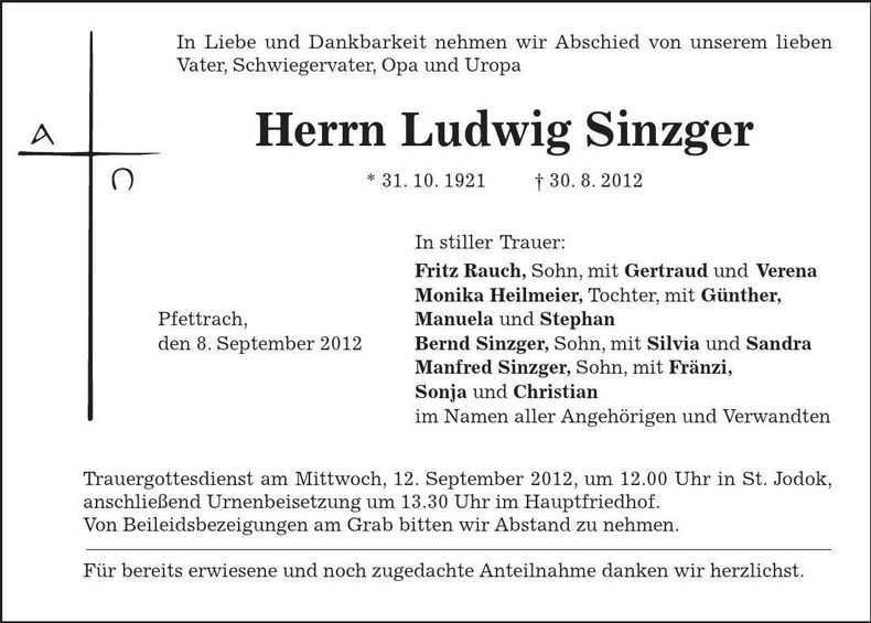 Traueranzeige Ludwig Sinzger