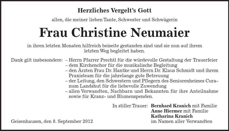 Traueranzeige Christine Neumaier