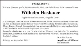 Traueranzeige Wilhelm Haslauer