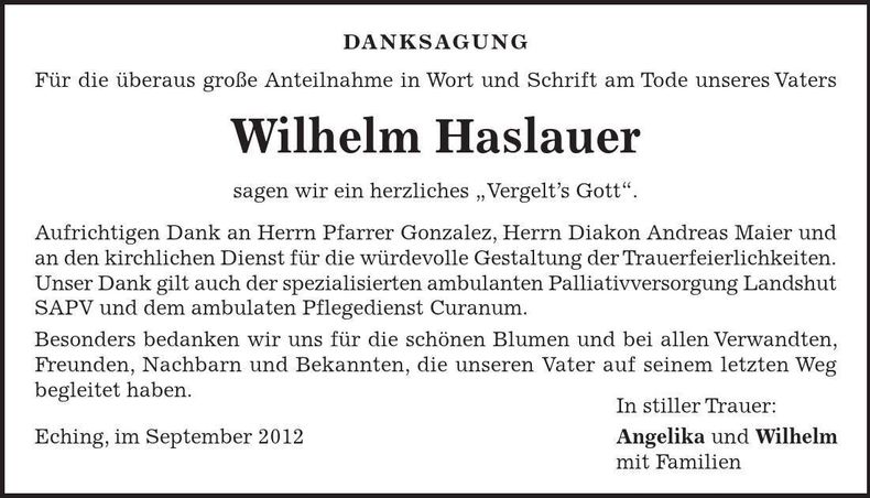 Traueranzeige Wilhelm Haslauer