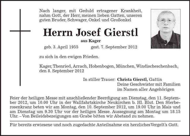 Traueranzeige Josef Gierstl