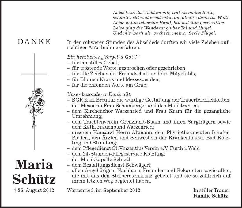 Traueranzeige Maria Schütz