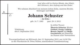 Traueranzeige Johann Schuster