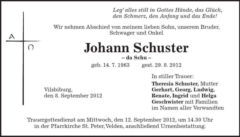 Traueranzeige Johann Schuster