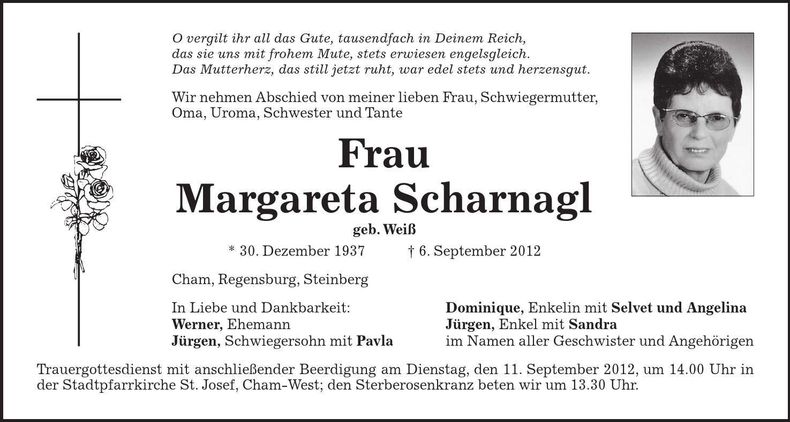 Traueranzeige Margareta Scharnagl