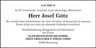 Traueranzeige Josef Götz