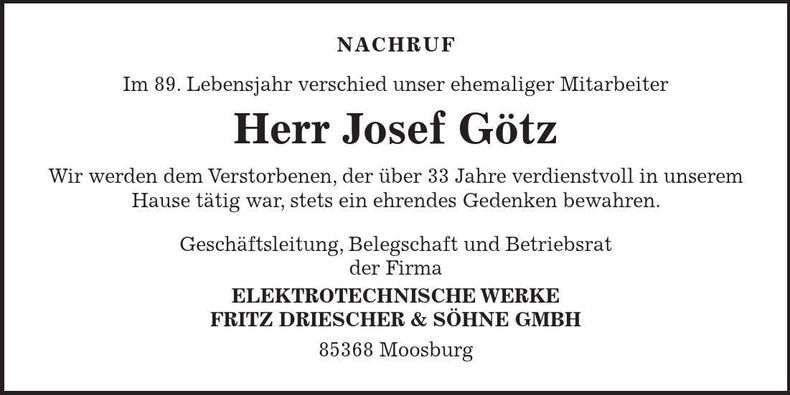 Traueranzeige Josef Götz