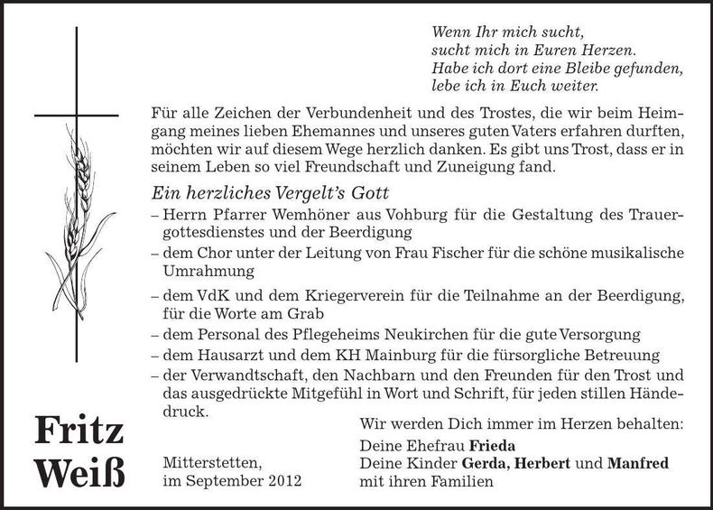 Traueranzeige Fritz Weiß