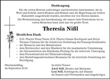 Traueranzeige Theresia Nißl