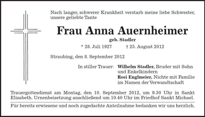 Traueranzeige Anna Auernheimer