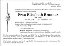 Traueranzeige Elisabeth Brunner