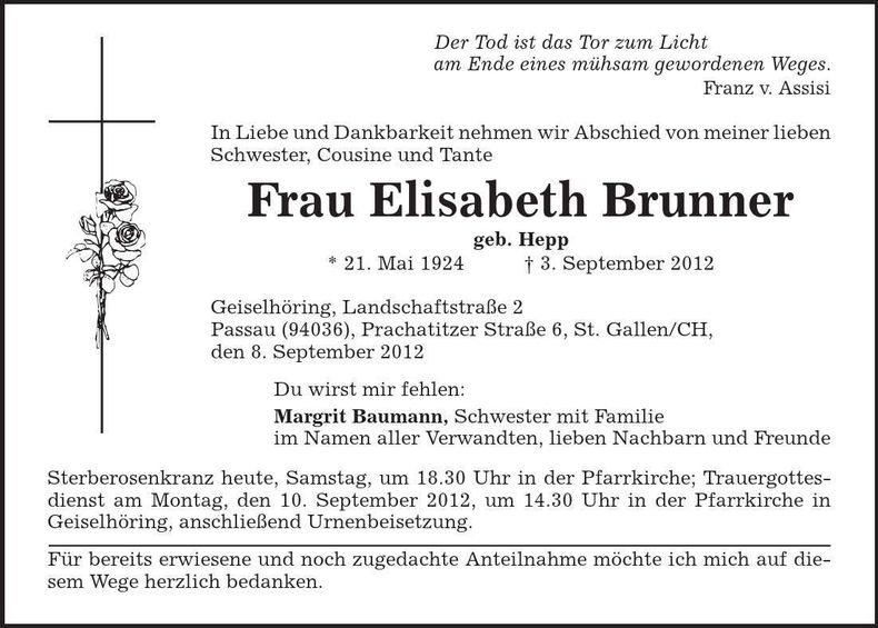 Traueranzeige Elisabeth Brunner