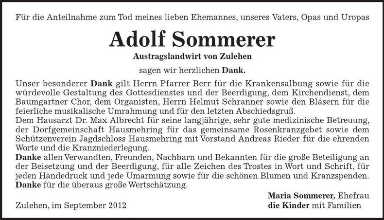 Traueranzeige Adolf Sommerer