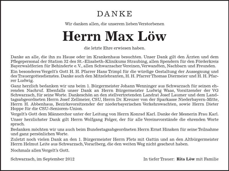 Traueranzeige Max Löw