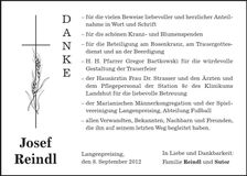 Traueranzeige Josef Reindl