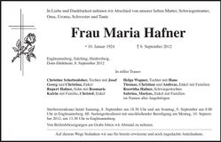 Traueranzeige Maria Hafner