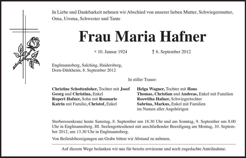 Traueranzeige Maria Hafner
