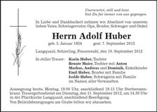 Traueranzeige Adolf Huber