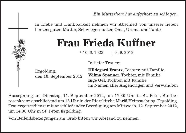 Traueranzeige Frieda Kuffner