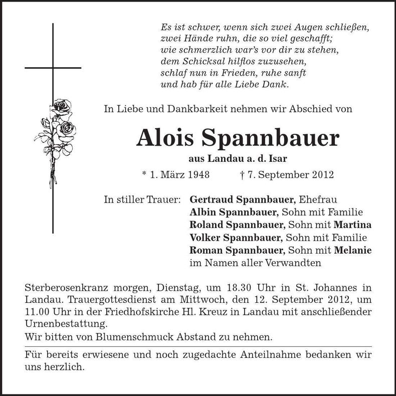 Traueranzeige Alois Spannbauer