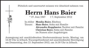 Traueranzeige Hans Baier