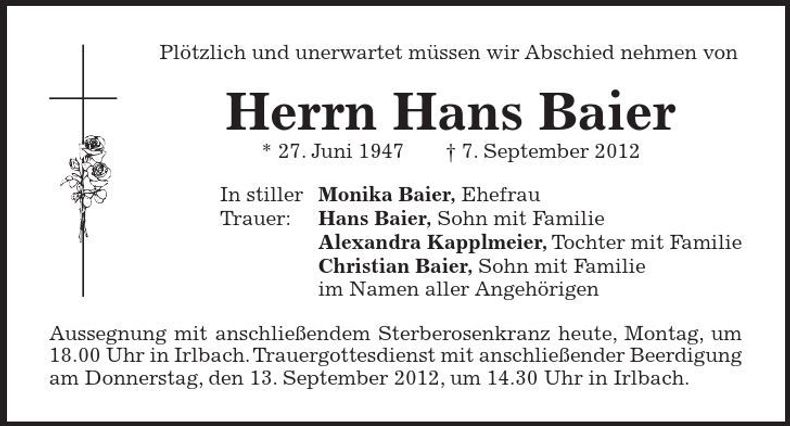 Traueranzeige Hans Baier