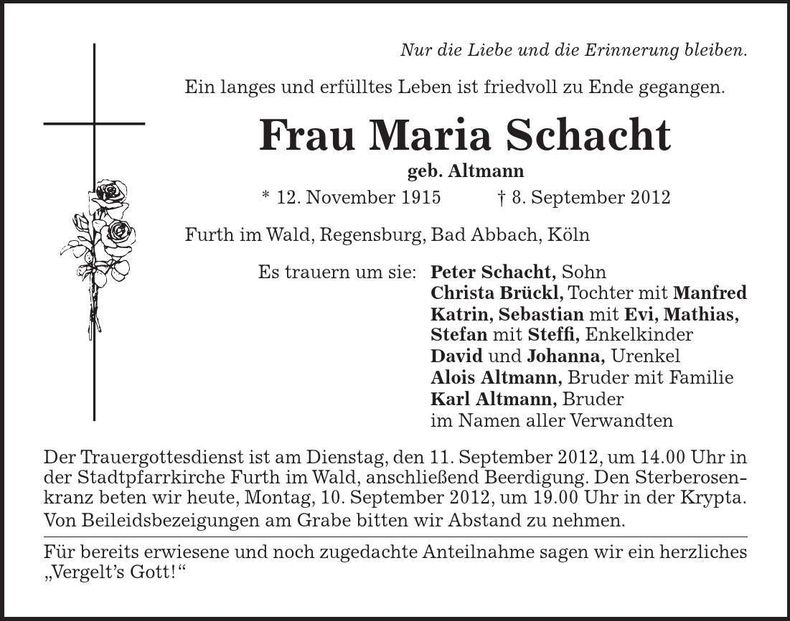 Traueranzeige Maria Schacht