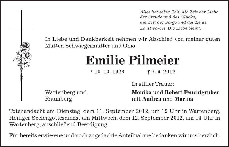 Traueranzeige Emilie Pilmeier