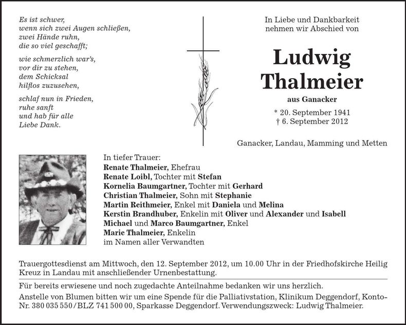 Traueranzeige Ludwig Thalmeier