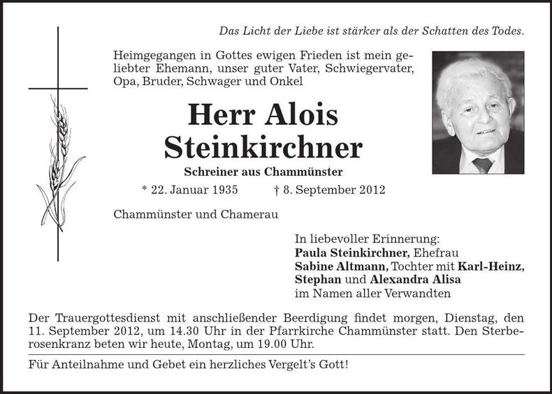 Traueranzeige Alois Steinkirchner