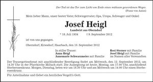 Traueranzeige Josef Heigl