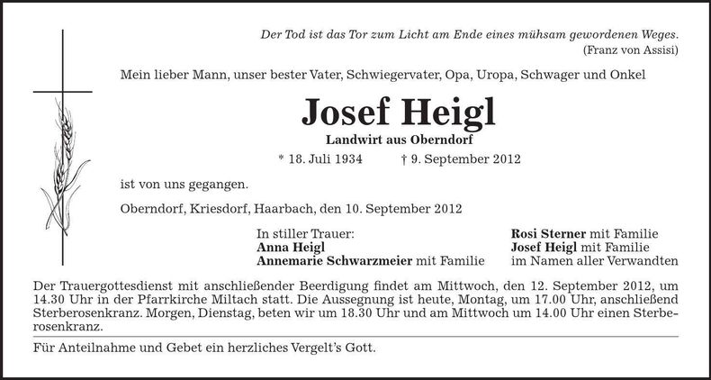 Traueranzeige Josef Heigl