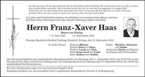 Traueranzeige Franz-Xaver Haas