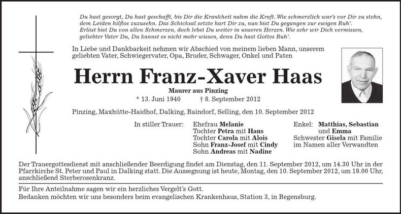 Traueranzeige Franz-Xaver Haas