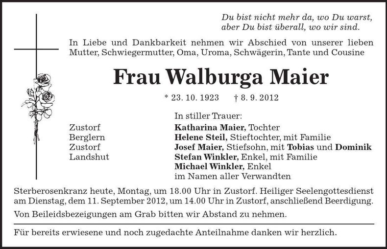Traueranzeige Walburga Maier