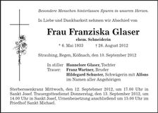 Traueranzeige Franziska Glaser