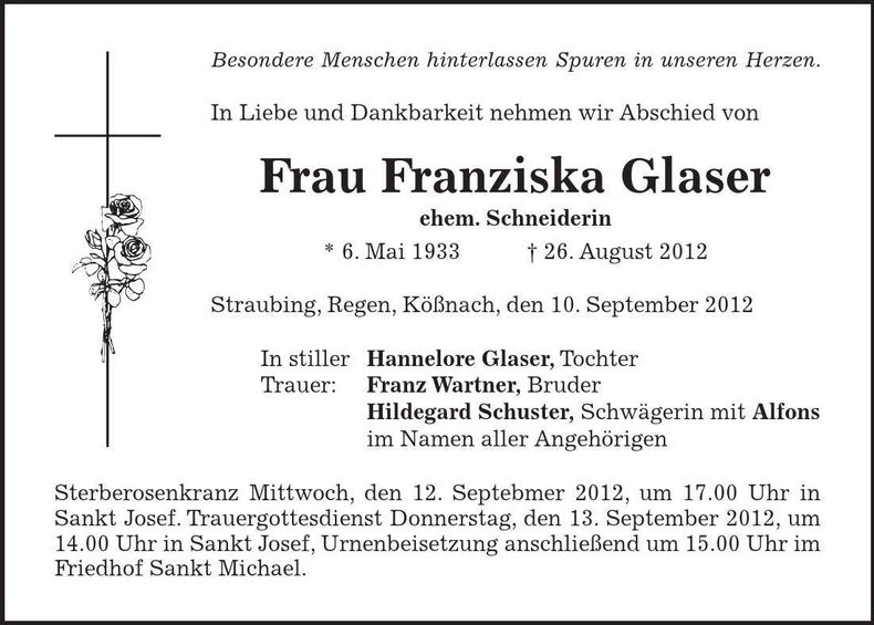 Traueranzeige Franziska Glaser