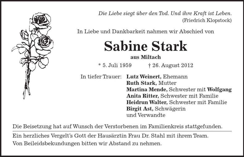 Traueranzeige Sabine Stark