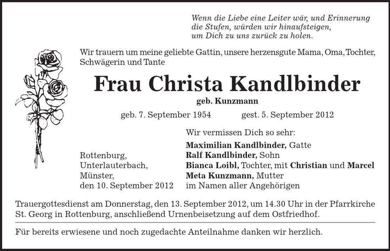 Traueranzeige Christa Kandlbinder