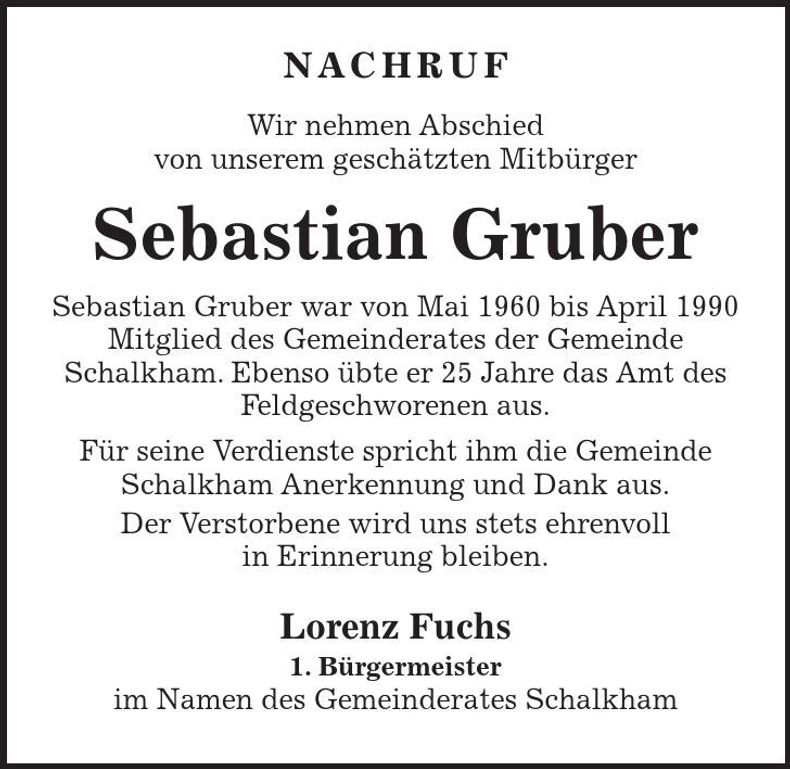 Traueranzeige Sebastian Gruber