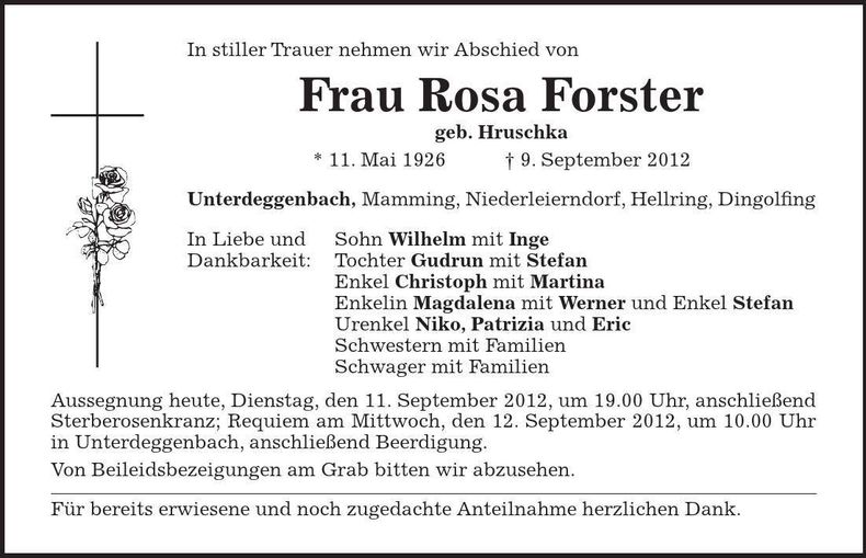Traueranzeige Rosa Forster