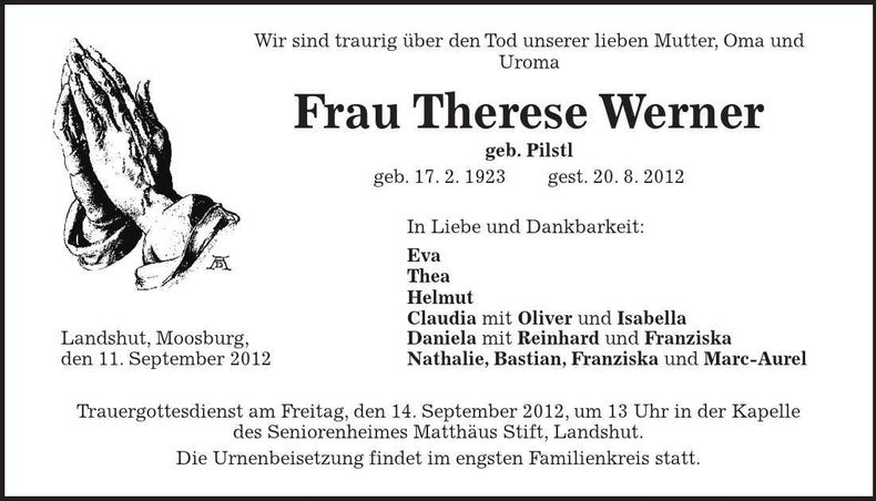 Traueranzeige Therese Werner