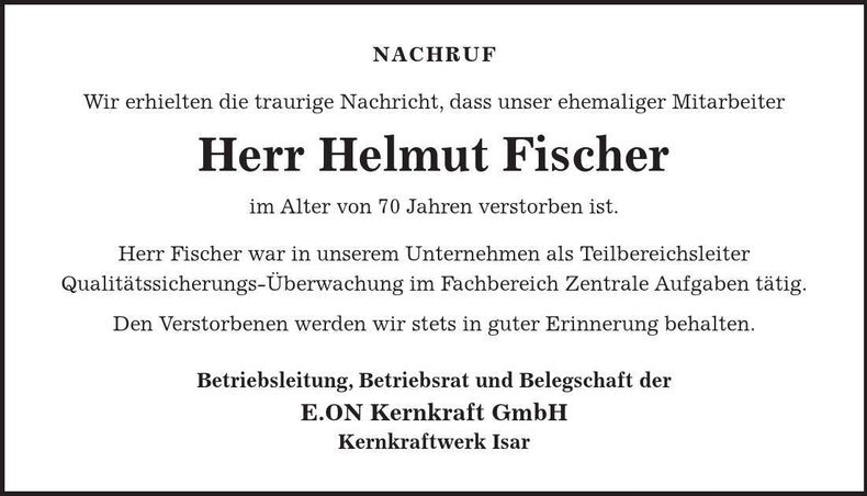 Traueranzeige Helmut Fischer