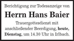 Traueranzeige Hans Baier