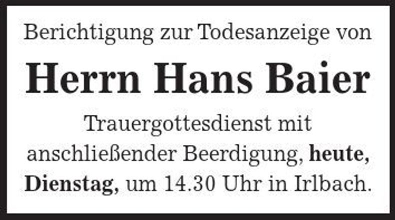 Traueranzeige Hans Baier