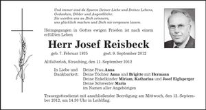Traueranzeige Josef Reisbeck