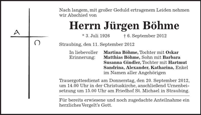 Traueranzeige Jürgen Böhme