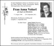 Traueranzeige Anna Vetterl